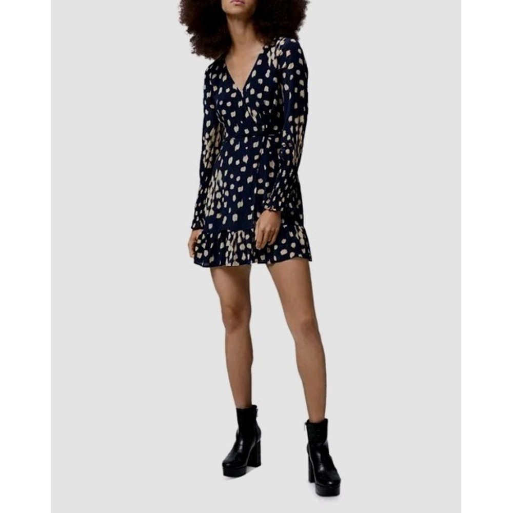 French Connection Navy Blue Brushstroke Polka Dot Ruffle Mini Dress Size 0